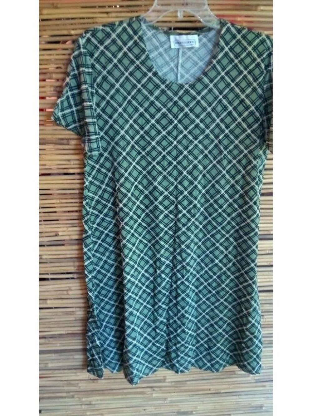 Impressions 14 Shift Short Sleeved Diagonal Plaid Green Diagonal Mini Dress Plus